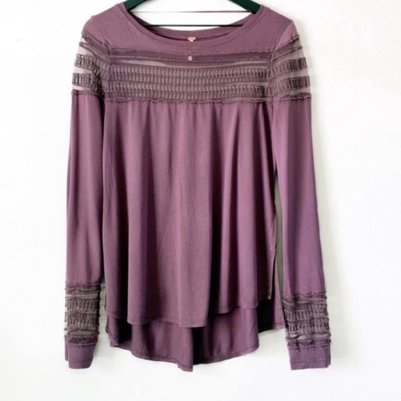 ☮️👚 FREE PEOPLE Low Hi side slits sheer mesh InSet neck Long Sleeve Top NWOT - Picture 2 of 9